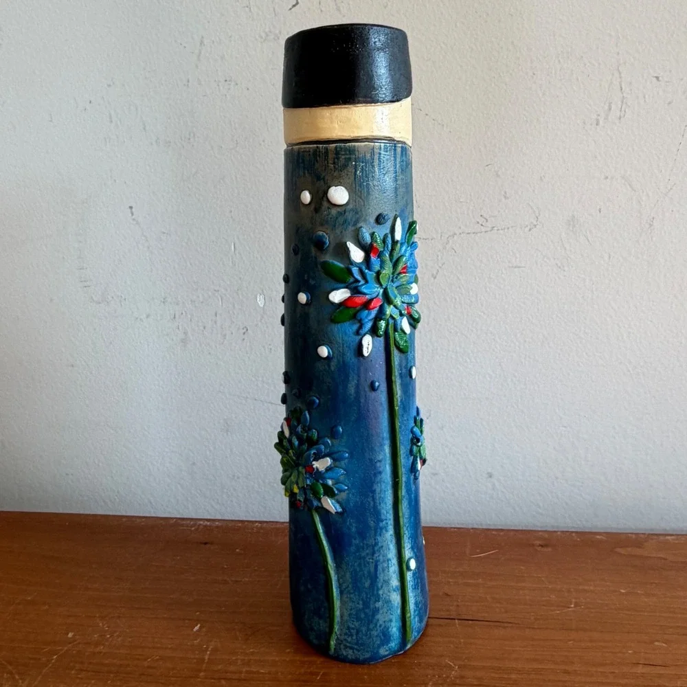 Vintage Folk Art Hand Painted Face Bud Vase Whimsical Blue Floral Pottery 7.25in